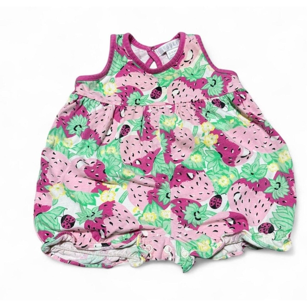 Vintage Baby Girls 6-9M Strawberry Ladybug Bubble Romper Pink